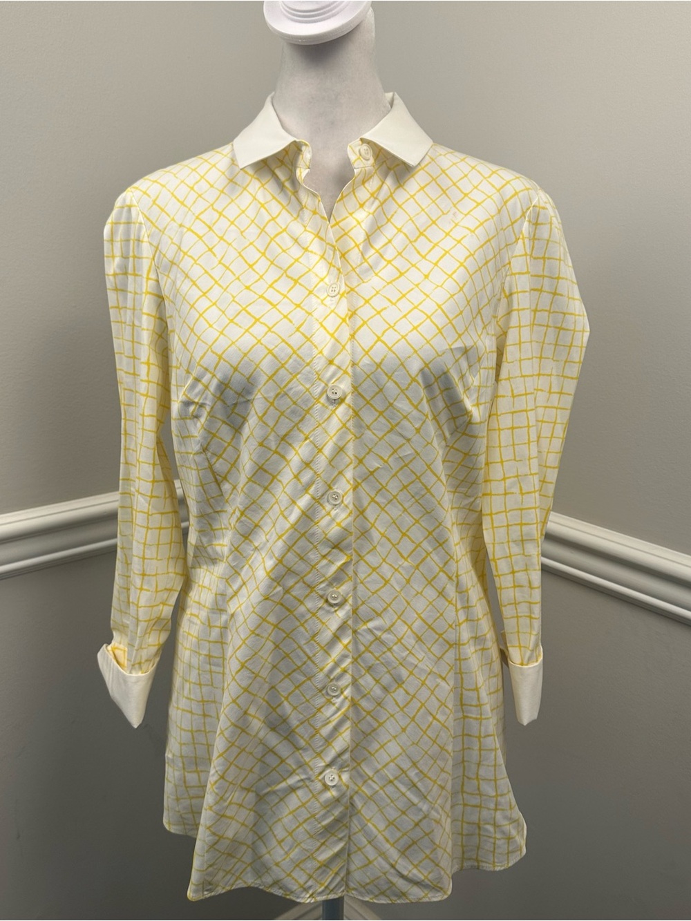 Lafayette 148 New York White Button-Down Shirt with Yellow Grid 2